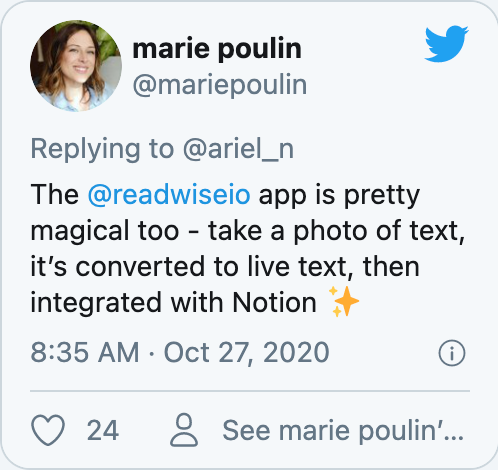 The @readwiseio app is pretty magical too - take a photo of text, it’s converted to live text, then integrated with Notion ✨